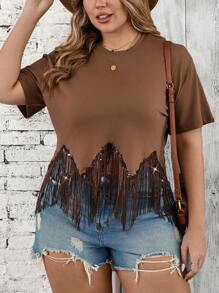 SHEIN LUNE 大码夏季流苏亮片不对称下摆音乐节派对西式休闲 T 恤 - 棕色 - 查看 5