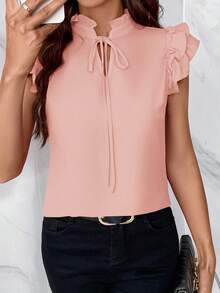 SHEIN Clasi Blusa con ribete de volantes y cuello de corbata para el Día de la Mujer - Rosa vieja - Ver 5