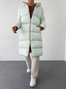 SHEIN Cottnline Zipper Front Hooded Puffer Coat - Mint Green - View 4