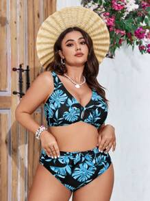 SHEIN Swim Curve Bộ bikini in họa tiết nhiệt đới cỡ lớn cho bãi biển mùa hè - Màu xanh lam - Xem 6