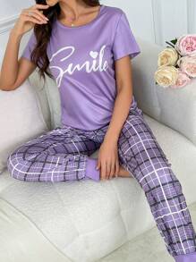 Women's Printed Plaid Casual Pajama Set