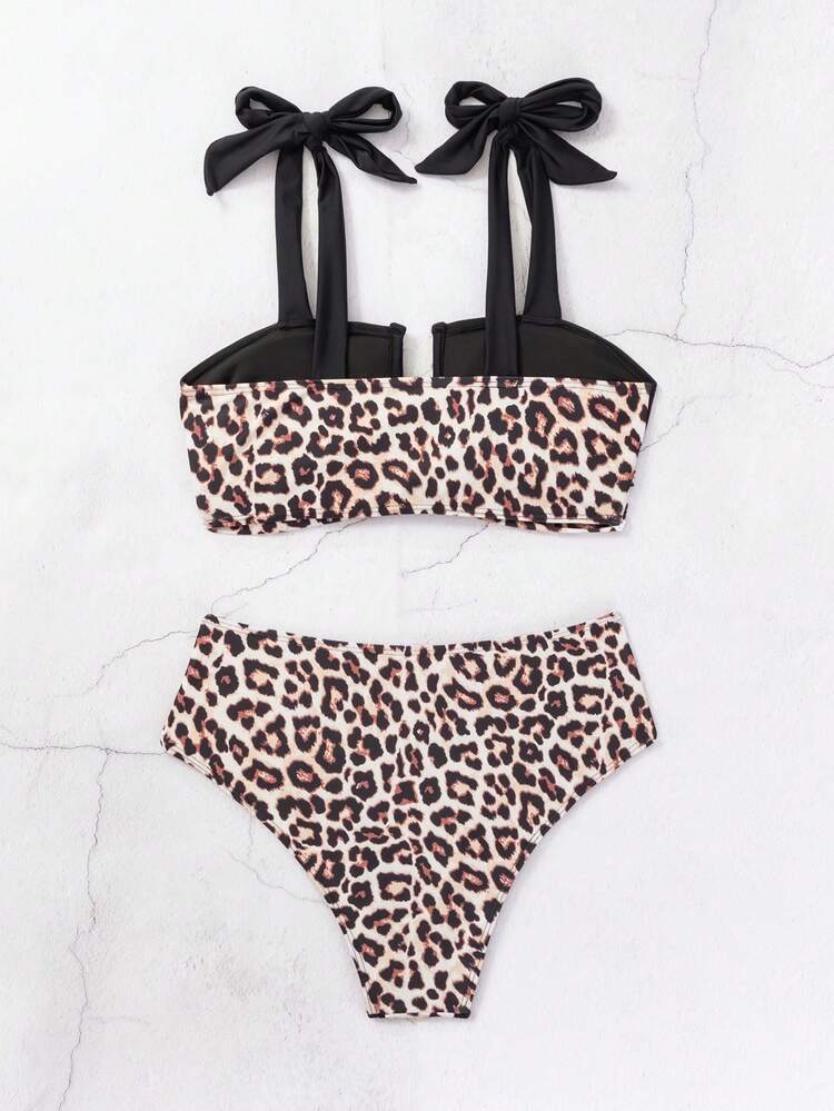 Women's Leopard Print Splice Bikini Set With Twist Front Detail, 2pcs/Set, For Vacation Summer