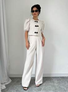 Selianne Women's Elegant Two-Piece Set: Round Neck Short Puff Sleeve Chinese Style Blouse And Pants, Summer - Apricot - View 6