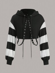 sweat-shirt à capuche court avec œillets et blocs de couleurs, vêtement scolaire, Top à manches longues