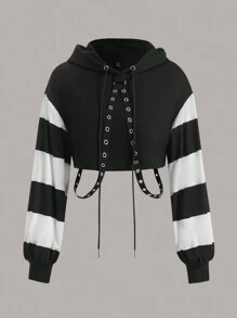 ROMWE PUNK 彩色扣眼短款连帽衫，学校，长袖上衣 - 黑與白 - 查看 1