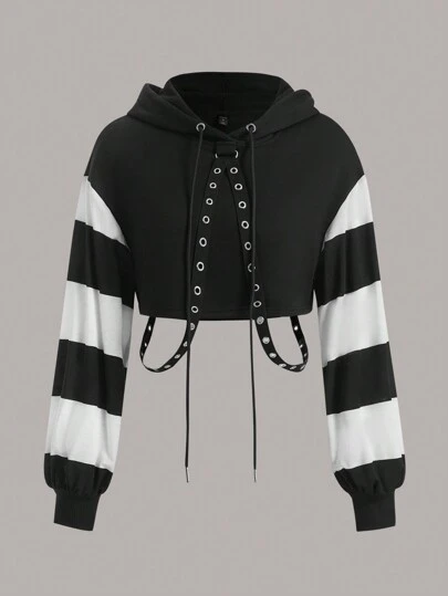 ROMWE PUNK 彩色扣眼短款连帽衫，学校，长袖上衣