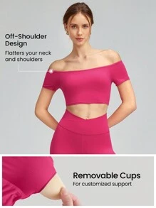 GLOWMODE FeatherFit™離肩短款T恤，輕度支撐瑜伽工作室健身日常運動 - 熱帶粉紅色 - 查看 3