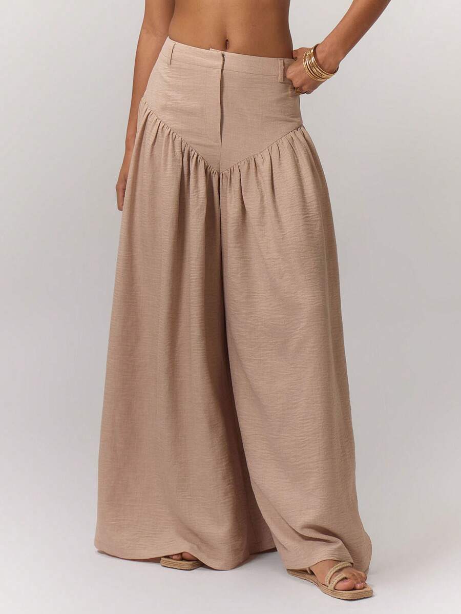Summer Vacation Leisure Solid Color Wide-Legged Maxi Pants Spring Summer Boho Ibiza Fall, Autumn, Winter, Back To School Party - Apricot - View 1