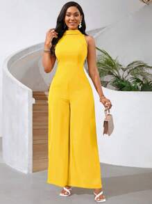 SHEIN Lady Combi-pantalon jaune éclatant pour femmes, tenues de festival avec pantalon à jambes larges - Jaune citron - Voir 5