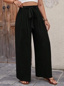 SHEIN VCAY 加大碼休閒純色腰帶褶皺寬腿褲 - 黑色 - 查看 3