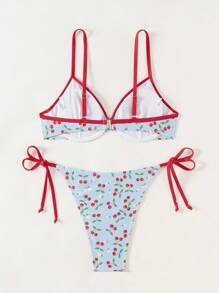 Women's Summer Beach Cherry Printed Bikini Set - Tie-Up Halter Top And Sexy Cute Bottoms