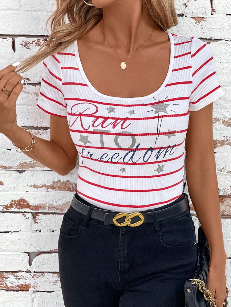 Women 4th Of July T-Shirts Letter Stripe Summer Daily T-Shirt