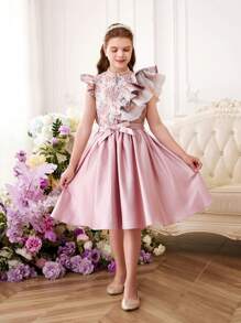 SHEIN 少女可愛圓領荷葉邊帽袖上衣和裙子套裝 - 粉色 - 查看 3