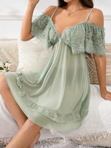 Women's Contrast Lace Open Shoulder Elegant Pajama Night Dress With Ruffle Trim - Green - View 6