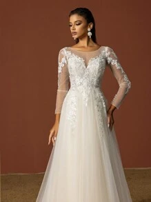 Women Modest Sequin Embroidery Mesh Long Sleeve Plain Wedding Dress For Bride, Wedding - White - View 5