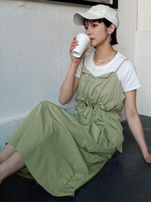 FRIFUL 女士夏季纯色拉链半开襟腰部抽绳双口袋休闲吊带连衣裙/复活节长裙 - 綠色 - 查看 2