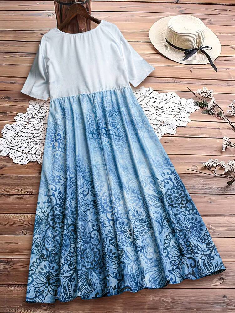 Plus Size Summer Contrast Floral Short Sleeve Dress