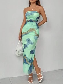 Selianne Elegant Strapless Bodycon Side Slit Mesh Printed Women's Dress Maxi Women Outfit - Multicolor - View 4