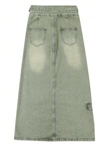 Women's Casual Fashionable Workwear High Slit Denim Skirt - Mint Green - View 4