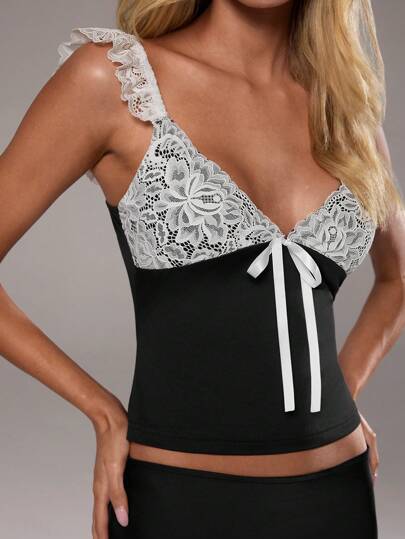 Aloruh Women's Summer Elegant And Romantic Commuting Daily Work Top Bow Black And White Color Block Lace Camisole