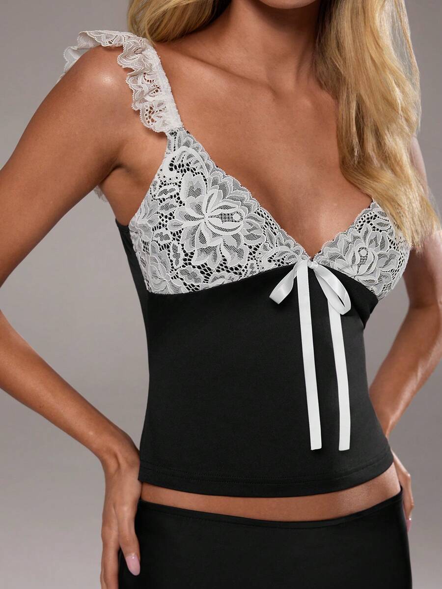 Aloruh Camiseta sin mangas de encaje con bloque de color para mujer con decoración de lazo para verano - Blanco y Negro - Ver 1