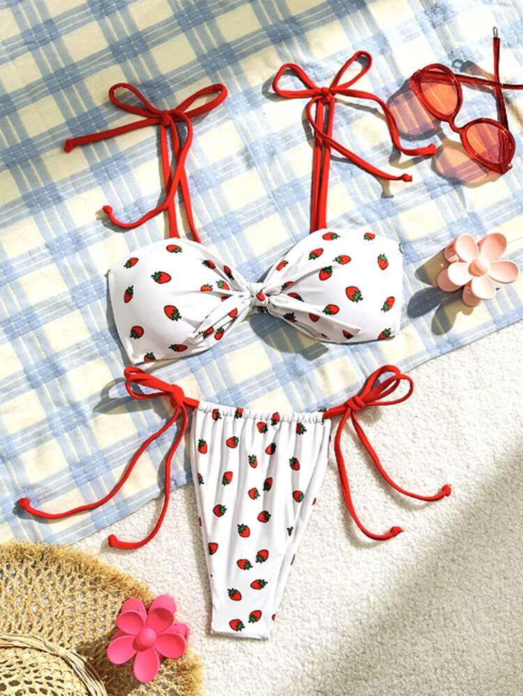 Women Strawberry Printed Front Knot Sexy Bikini Set For Beach And Vacation, 2pcs/Set (Random Print),Summer Beach