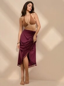 Anewsta 女士單色分條邊流蘇夏季裙子 - 酒紅色 - 查看 4