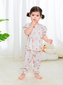 SHEIN Baby Girl Cartoon Patterned Puff Sleeve Top With Elastic Waistband Pants Homewear Set For Spring/Summer - Multicolor - View 1