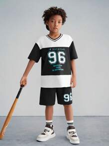 SHEIN Áo thun ngắn tay in số chắp vá Tween Boy có túi xéo và bộ quần short - Đen và trắng - Xem 7