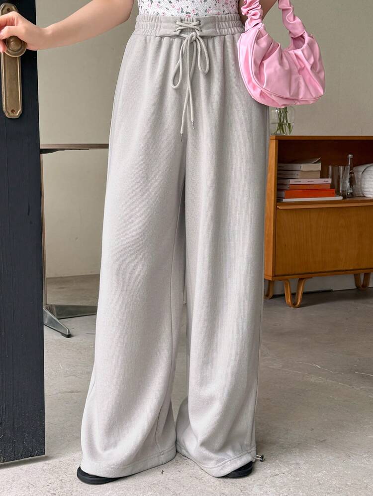 Women's Casual Solid Color Casual Fit Wide Leg Pants With Front Tie
