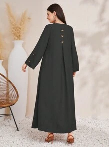 Al Najma Casual Long Sleeve Notched Neck Single-Breasted Flare Cuff Robe Modest Abaya - Black - View 2