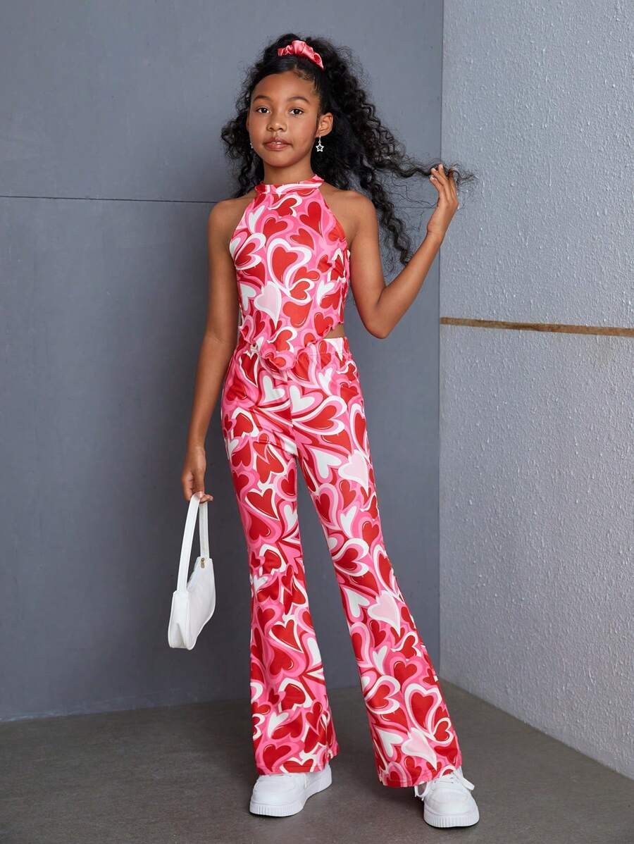 SHEIN SLAYR KIDS Tween Girl Casual Red Heart Printed Tank Top & Flared Long Two-Piece Set - Red - View 1
