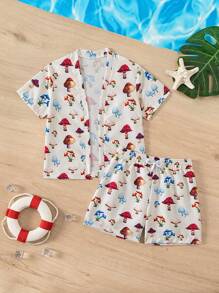 Young Boy Summer Beach Pool Mushroom Printed Swimwear Set - Multicolor - View 1