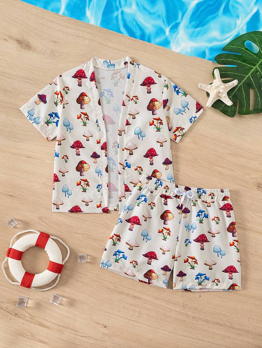 Young Boy Summer Beach Pool Mushroom Printed Swimwear Set - Multicolor - View 1