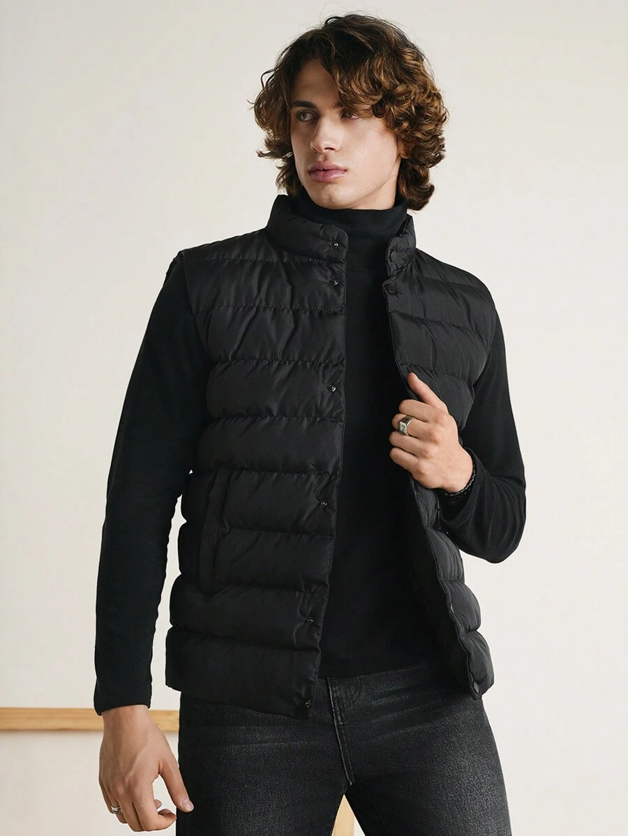 RueChic Men Classic Style  Winter Vest With Side Pockets And Small Stand Collar - Black - View 1