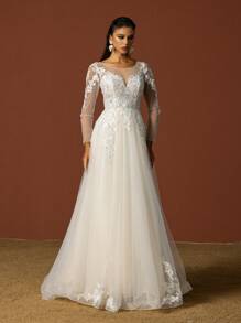 Women Modest Sequin Embroidery Mesh Long Sleeve Plain Wedding Dress For Bride, Wedding - White - View 4