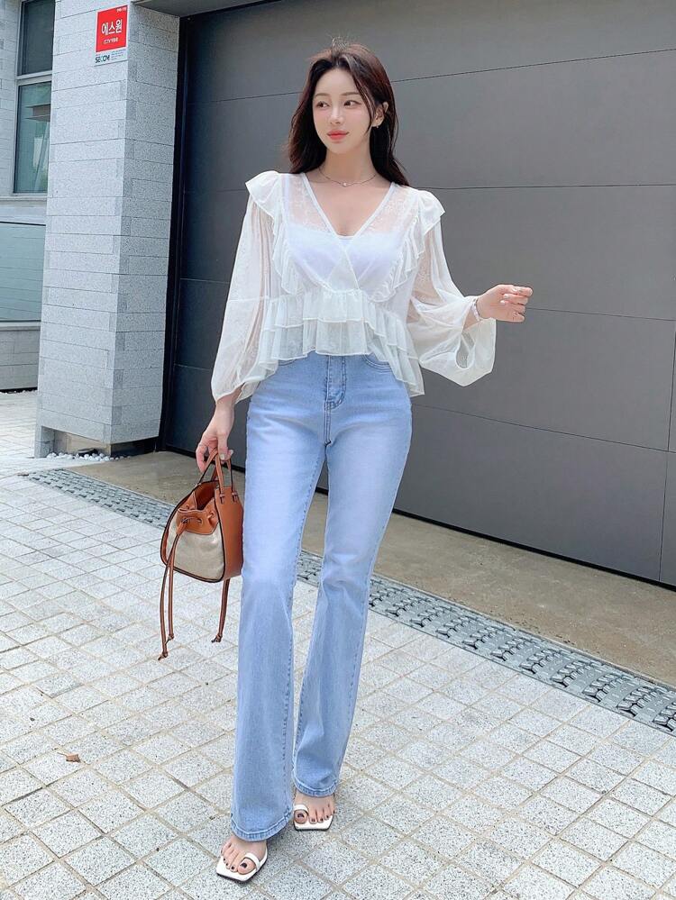 Women's V-Neck Ruffle Trim Casual Long Sleeve Shirt Sheer,Fall Women Clothes