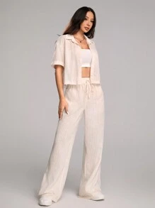 Flirla 條紋單排扣短袖襯衫和長褲套裝，夏季款 - 杏色 - 查看 4