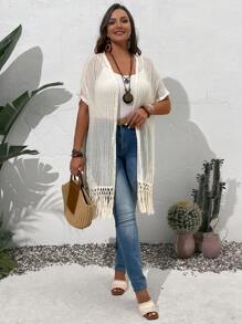 EMERY ROSE Plus Size Nữ Mùa Hè Nông Thôn Ngày Lễ Màu Chia Viền Viền Khoét Hở Cánh Dơi Nữ Tay Ngắn Hở Mặt Trước Áo Khoác - Màu be - Xem 5