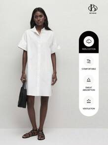 BizChic 女士春夏款休閒純棉白色襯衫連衣裙，立領寬鬆版型前鈕