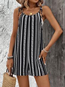 SHEIN LUNE Casual Women's Ditsy Floral Printed Spaghetti Strap Romper - Black and White - View 5