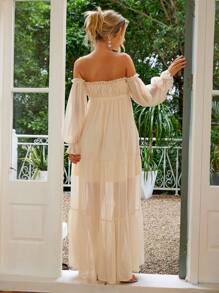 Joyfunear Pregnant Women's Solid Color Dress With Split To Thigh And Frilled Hem, Elegant Summer Dress For Maternity With Long Sleeve, For Party - Apricot - View 2