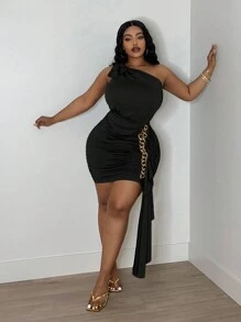 Slaydiva Plus Size Elegant High-Priced - Elastic Knit Plain Bodycon Brown One-Shoulder Dress With Chain Decoration And Ruffled Trim, Size L - Black - View 5