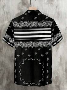 Manfinity Homme 男士條紋印花短袖休閒襯衫，夏季度假度假館裝束