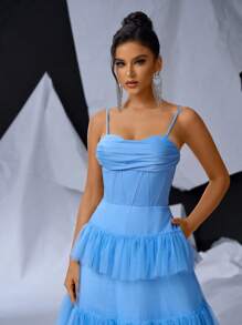 SHEIN Belle Chi tiết xương, Váy xếp tầng bằng vải tuyn xếp tầng cho váy dạ hội trang trọng dành cho nữ (Phiên bản nặng) Váy dạ hội trang trọng cho nữ - Màu xanh lam - Xem 3