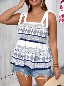 SHEIN VCAY Plus Size Women's Vacation Geometric Printed Shirred Hem Shoulder-Tied Camisole Top