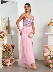 SHEIN Belle Váy lưới đính sequin thời trang mùa hè xẻ tà và dây mảnh - Bụi hồng - Xem 3