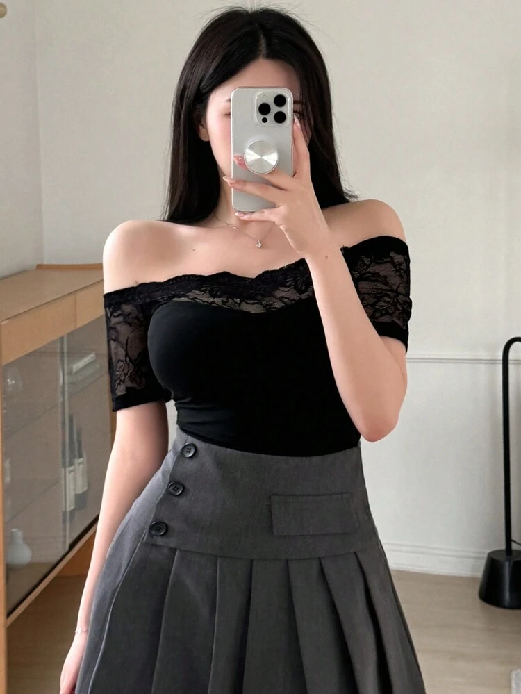 Women's Summer Lace Splice Solid Color Short Sleeve Slim Fit Elegant Off-Shoulder T-Shirt,Crop Tops Women,Off Shoulder Top Going Out Tops Women