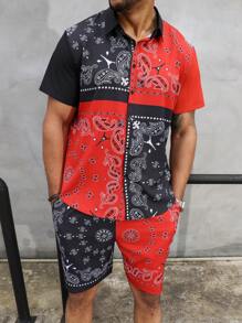 Manfinity Roughcore Men's Plus Size Vacation Style Printed Color Block Short Sleeve Shirt And Shorts Set - Black - View 1