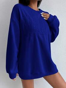 RueChic 字母刺繡圓領船型肩寬鬆毛衣 - 藍色 - 查看 6